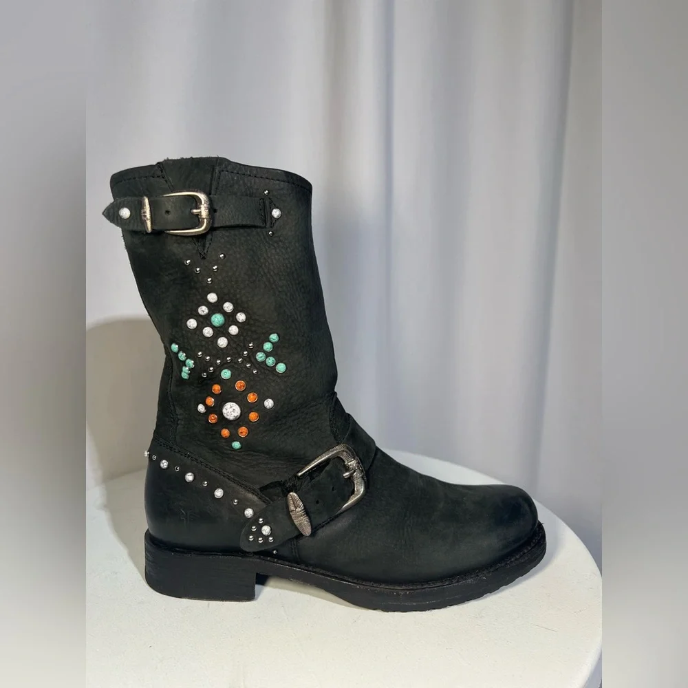 Frye Veronica Studded Stone Motorcycle Boots | 6 - Picture 4 of 14